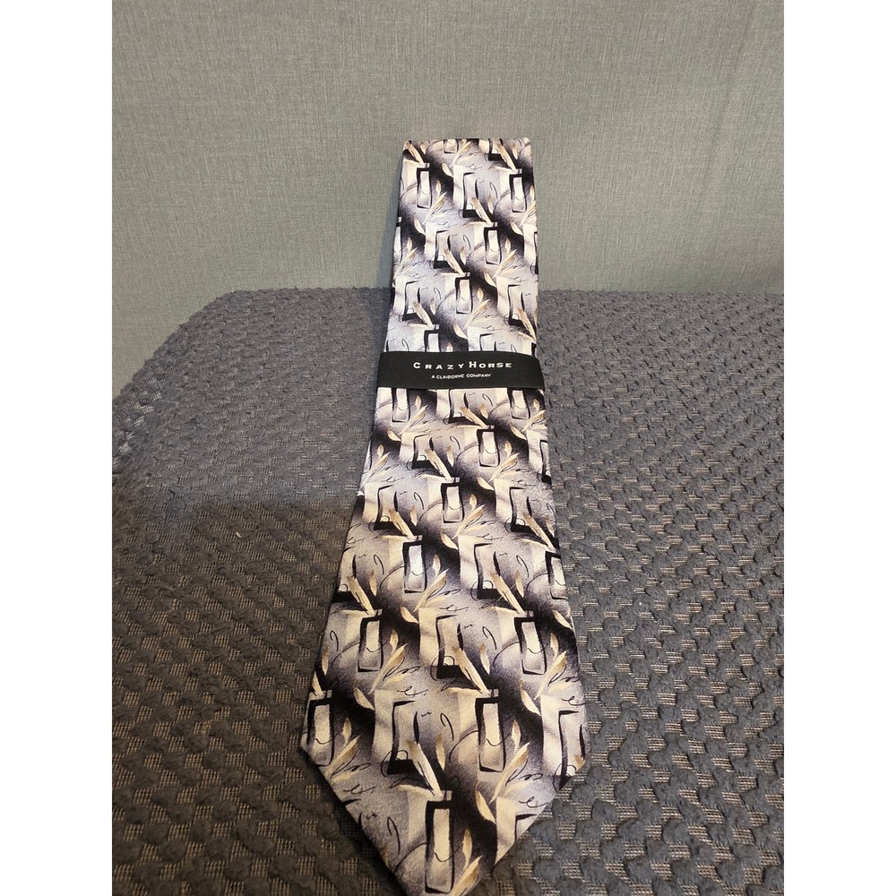 Crazy Horse A Claiborne Company Silk Tie Grey Black Abstract Geometric Stain Res
